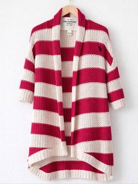 Abercrombie & Fitch Raspberry Off White Stripe Drape Front Chunky Knit Sweater